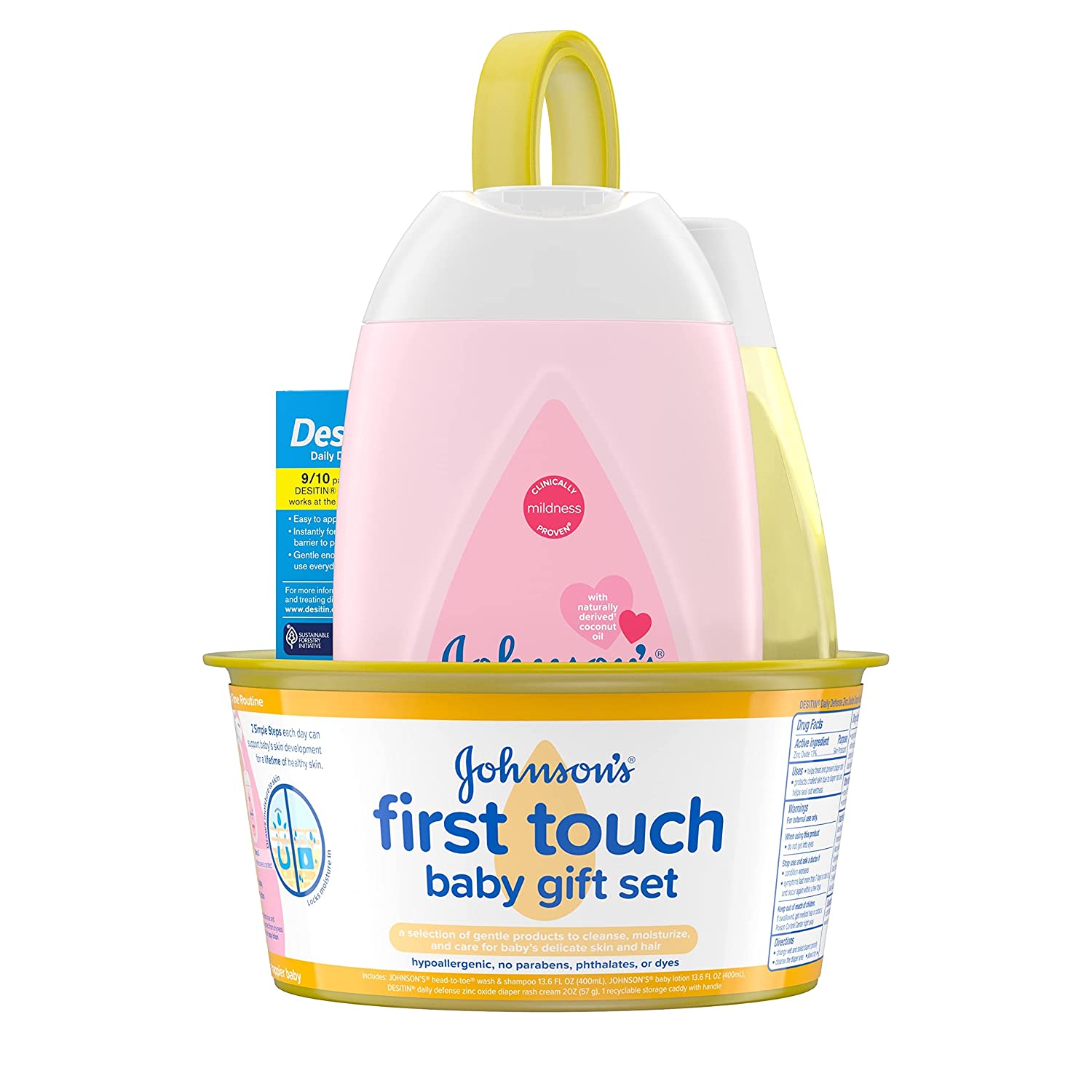 Johnson's Bath Discovery Gift Set for Parents-to-Be, Caddy with Baby Bath Time & Skin Care Essentials, Bath Kit Includes Baby Body Wash, Shampoo, Wipes, Lotion & Diaper Rash Cream, 7 Items - Image 1